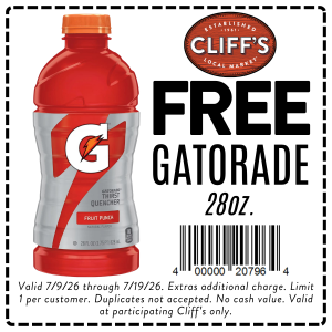 Virtual Race Bag Offer Logo for Cliff's Local Market- Free 28oz Gatorade