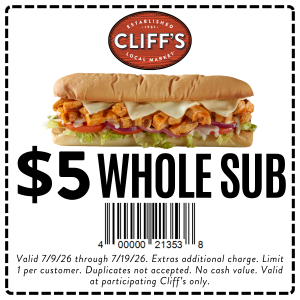 Virtual Race Bag Offer Logo for $5 Whole Sub At Cliff's Local Market