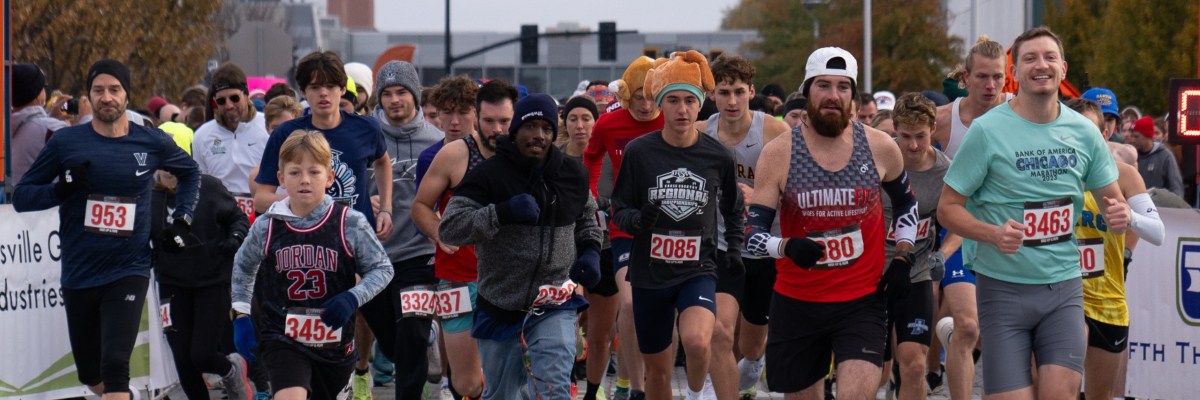 37th Annual Fifth Third Bank Turkey Day 5K, Thanksgiving morning 8am, November 26, 2026, in downtown Evansville, Indiana.
