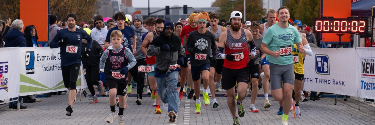 37th Annual Fifth Third Bank Turkey Day 5K, Thanksgiving morning 8am, November 26, 2026, in downtown Evansville, Indiana.