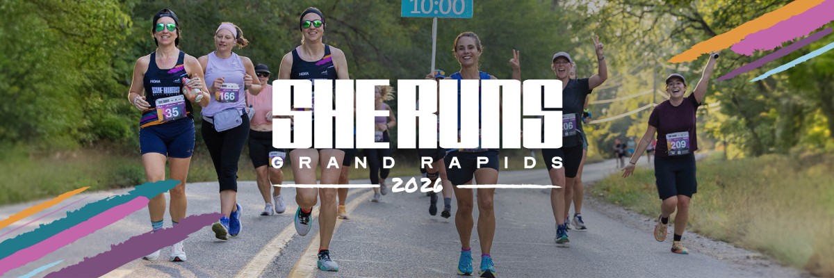 SHE RUNS Grand Rapids.  Silhouette of a woman runner with natural hair.