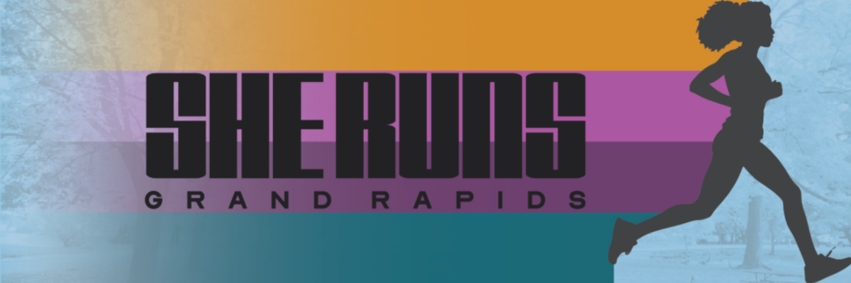 SHE RUNS Grand Rapids.  Silhouette of a woman runner with natural hair.