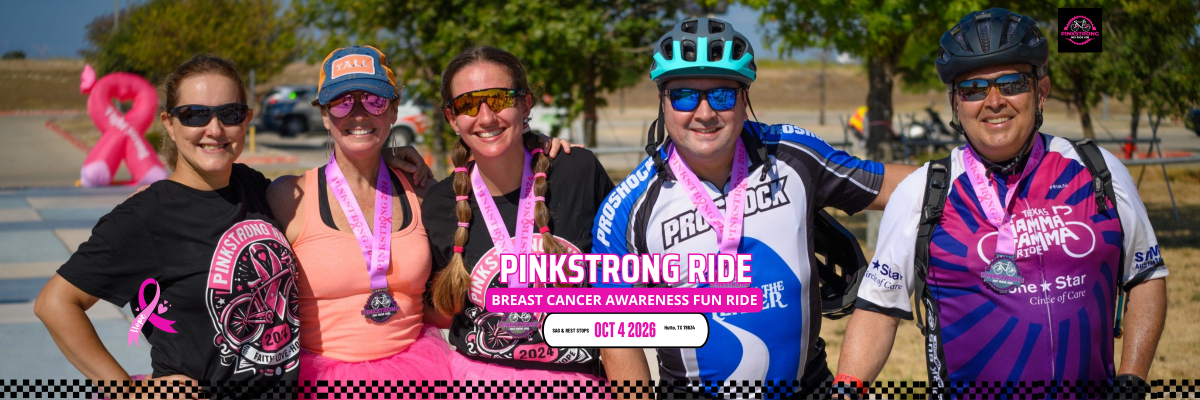 PinkStrong Ride cyclists celebrating at the finish line during Central Texas’ fun and supportive breast cancer awareness ride held every first Sunday in October in Hutto, TX.