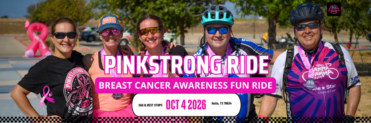 PinkStrong Ride cyclists celebrating at the finish line during Central Texas’ fun and supportive breast cancer awareness ride held every first Sunday in October in Hutto, TX.