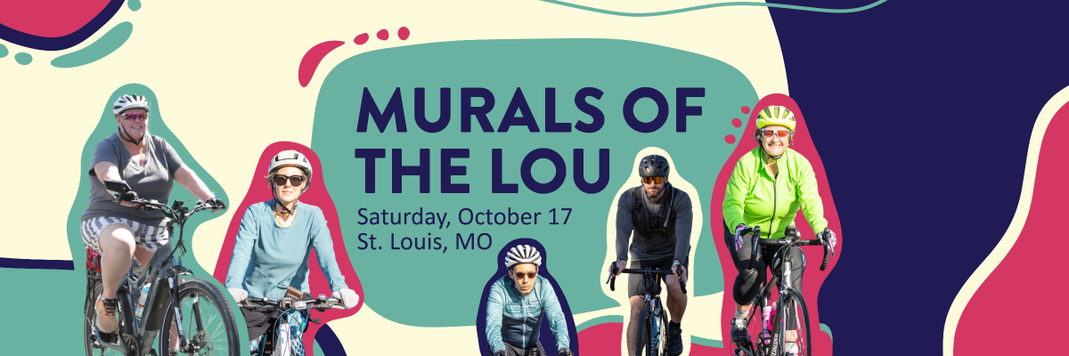 People on bikes, with Murals of the Lou, October 17, St. Louis, MO written