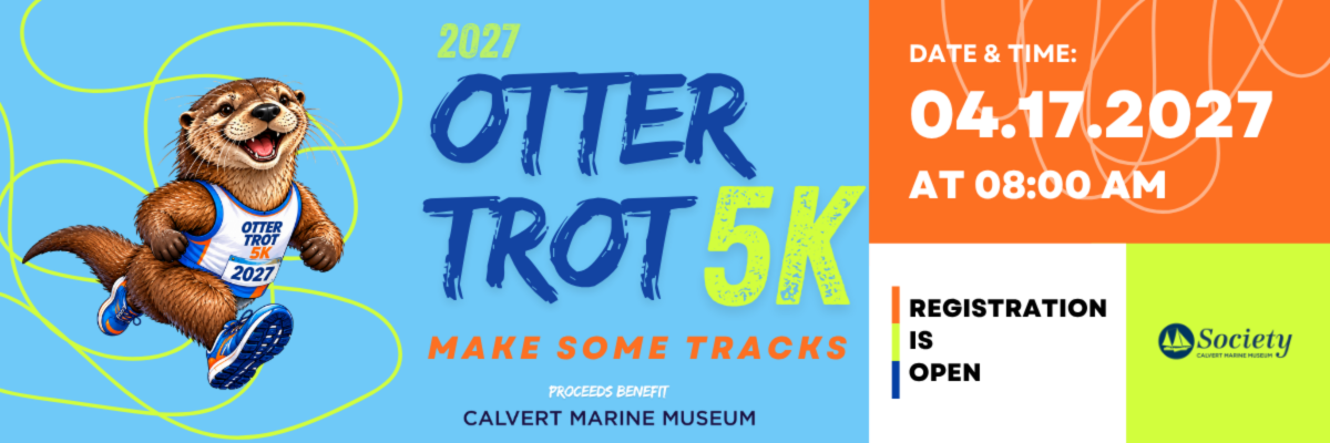 Cartoon otter running with tennis shoes and race shirt. Graphic contains text for race information
