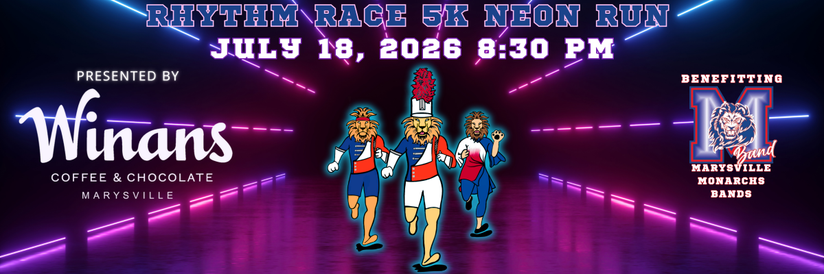 An image of 3 lions in band uniforms running through a neon lit tunner