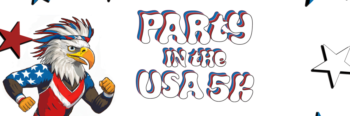 The eagle mascot running with the words Party in the USA 5K