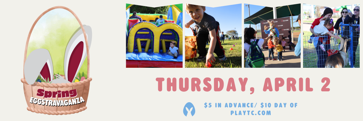Spring Eggstravaganza event graphic with activities, inflatables, egg hunts, and April 2 date.
