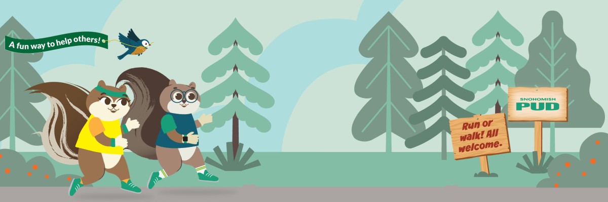 Two mascot squirrels jogging on forested trail with a bird flying over holding a banner saying "A fun way to help others." There is also a sign on the trail that says "Run or Walk! All are Welcome."