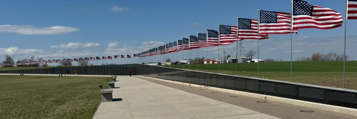Flags flying above America's Wall at Missouri's National Veterans Memorial