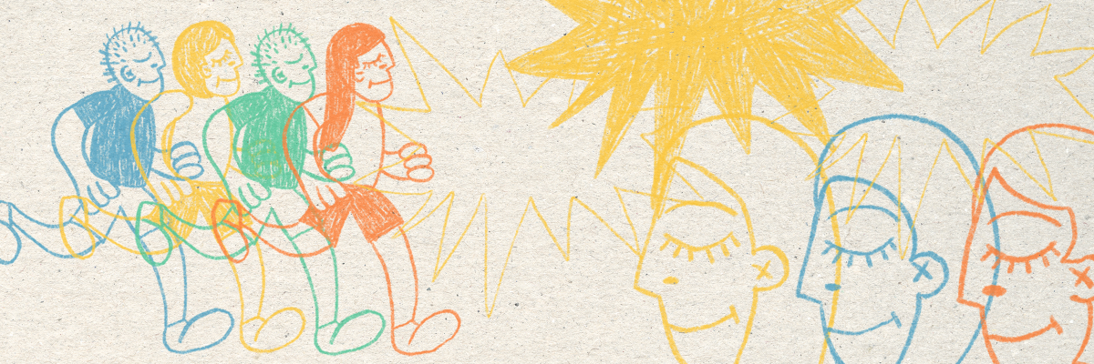 Happy runners and walkers from all walks of life participating in the Race for Refugees, under a yellow sun.