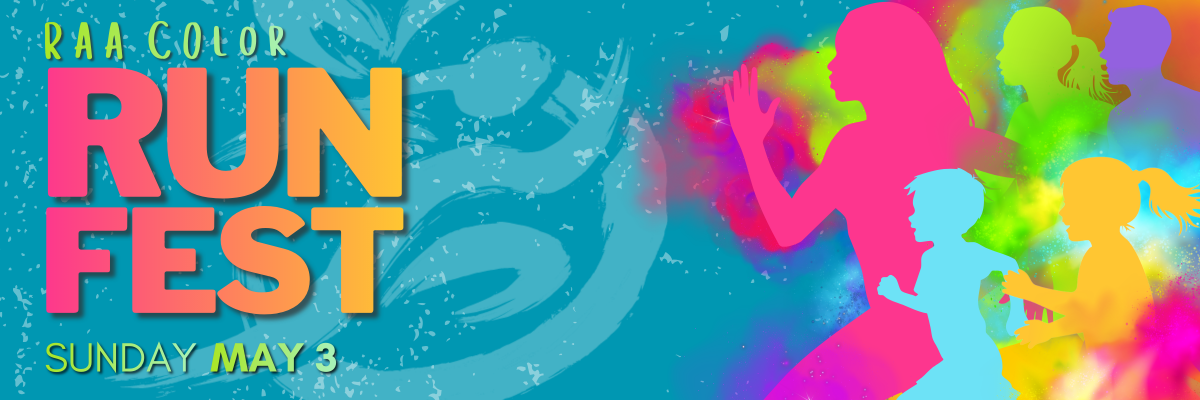 An event banner for the "RAA COLOR RUN FEST" scheduled for Sunday, May 3.