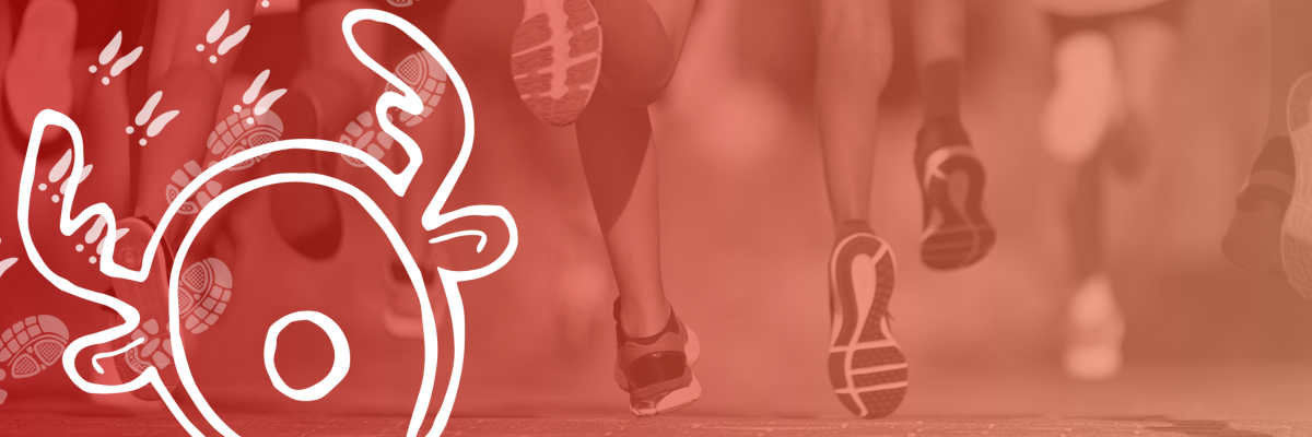 Runners with a red overlay of deer antlers and reindeer and human shoe prints.