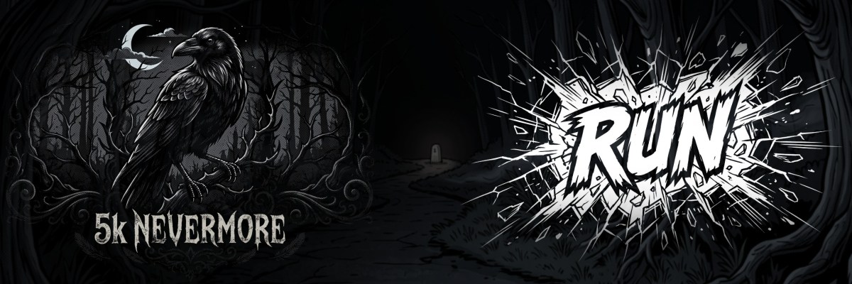5k Nevermore raven logo and RUN graphic over a dark forest trail