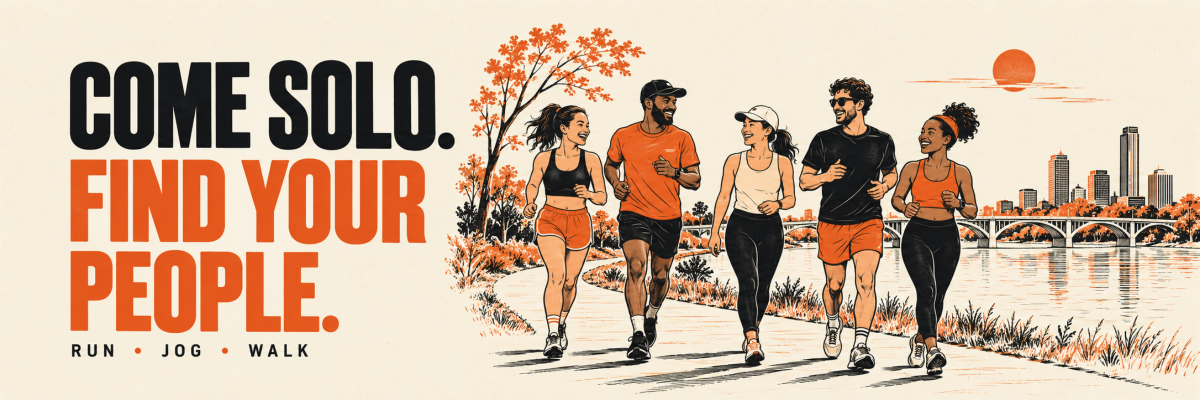 Come solo. Find your people. Run, jog, walk. A welcoming group moves together beside the Tulsa riverside.