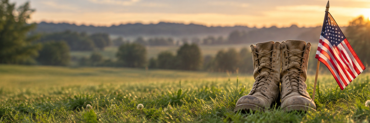 Combat boots and an American flag in a sunlit meadow.