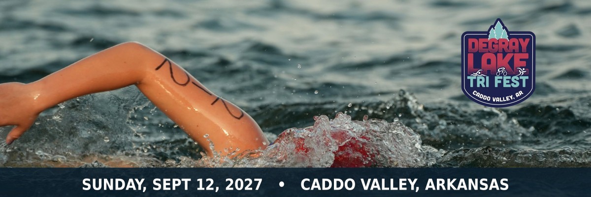 DeGray Lake Tri Fest logo over a swimmer in Lake DeGray. Sunday, Sept 12, 2027, Caddo Valley, Arkansas